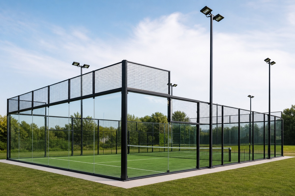 Hekwerk en lichtmasten rondom een outdoor padelbaan