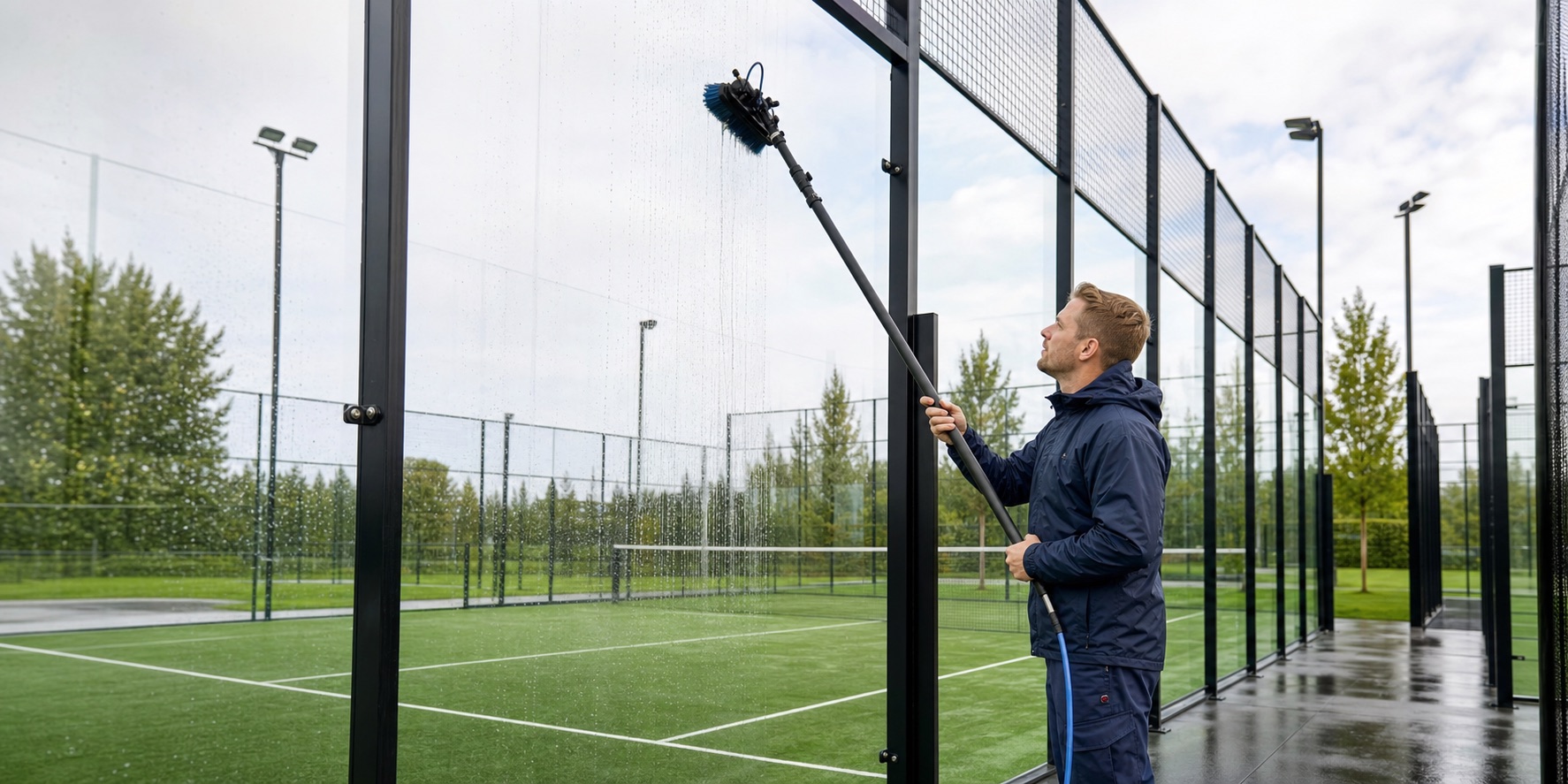 Padelglas wordt professioneel gereinigd met osmose softwash