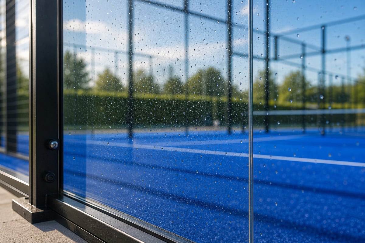 Waterdruppels op schoon padelglas na onderhoud