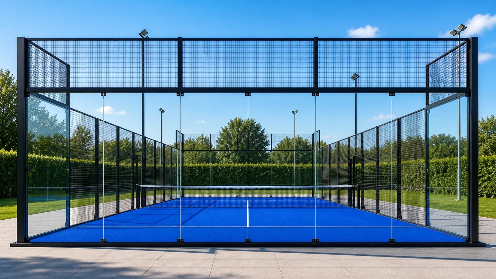 Schoon padelglas met zicht op een blauwe outdoor padelbaan
